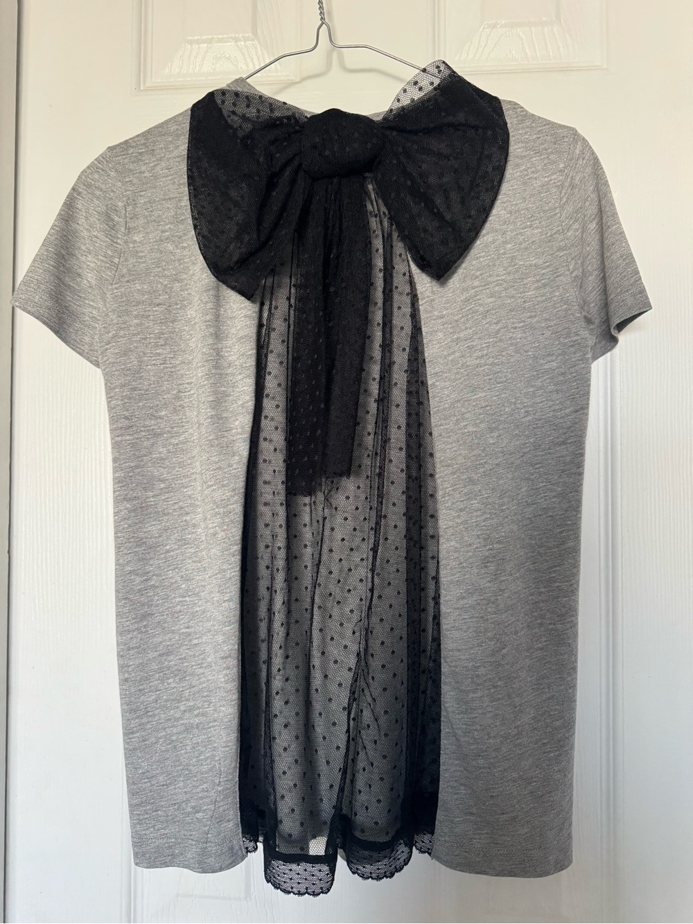 RED Valentino Gray Black Swiss Dot Lace Bow Back T-Shirt Top XS